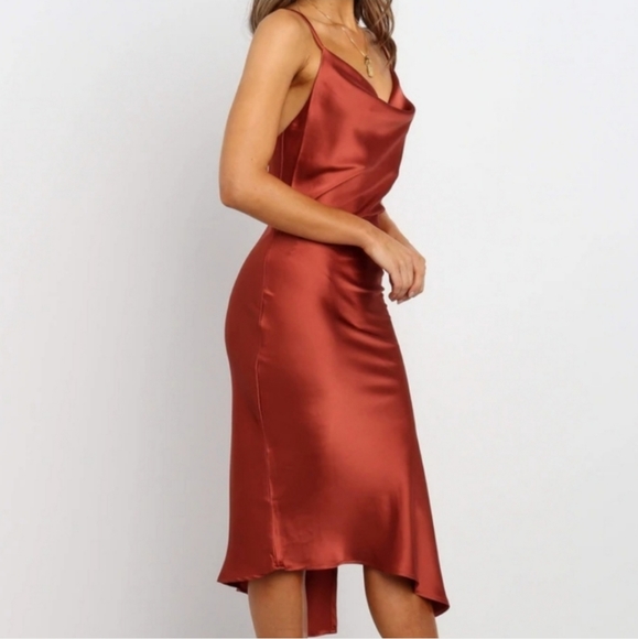 Petal & Pup Rust Cypress Draped Cowl Silky Satin Side Slit Midi Slip Dress Sz 4 - Picture 2 of 10